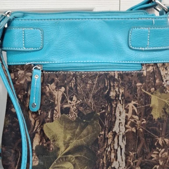 Faux leather and camouflage canvas studded rhinestone crossbody bag - teal/green - Picture 4 of 12